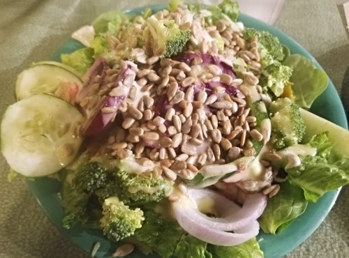 A colorful salad topped with sunflower seeds, featuring lettuce, cucumbers, broccoli, and red onions.