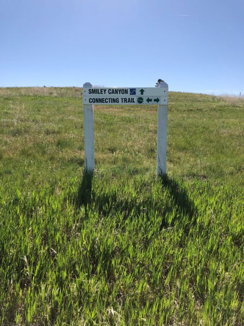 Signpost indicating directions to Smiley Canyon and Connecting Trail, set against a grassy landscape under a clear blue sky.