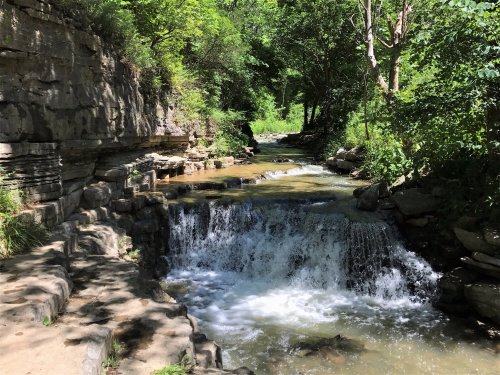 A serene stream flows over rocks, surrounded by lush greenery and steep stone banks in a peaceful natural setting.
