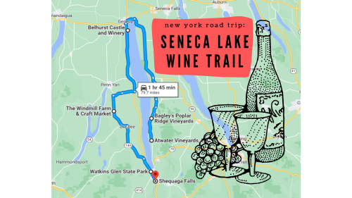 Map of the Seneca Lake Wine Trail in New York, featuring a route, wine bottles, and glasses with grapes.