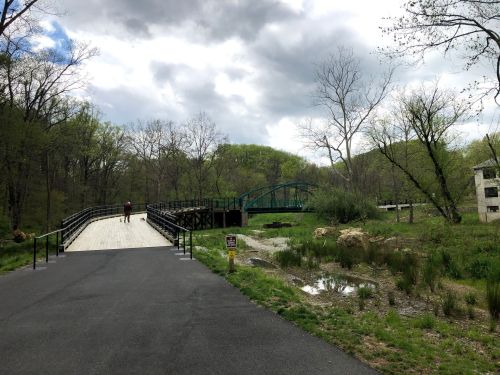 A person walks on a path towards a wooden bridge in a green, wooded area under a cloudy sky.