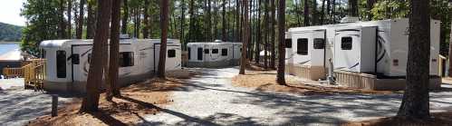 A scenic view of several RVs parked among tall trees near a lake, with a gravel path and wooden deck visible.