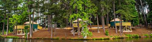 A serene lakeside view featuring wooden cabins nestled among tall trees.