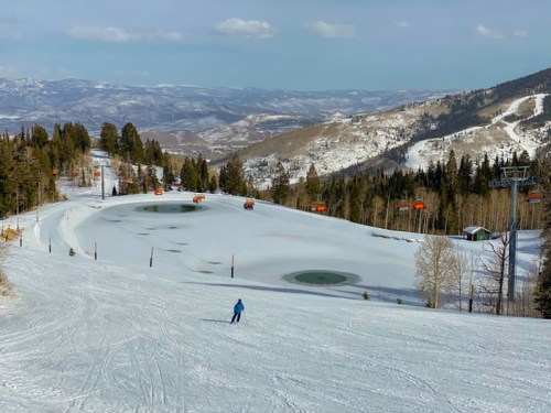 A skier descends a snowy slope with mountains and trees in the background, featuring ski lifts and patches of green.