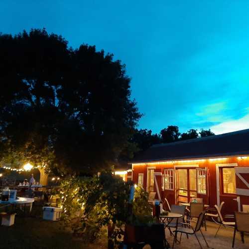 A cozy outdoor setting at dusk, featuring string lights, a building with red doors, and lush greenery.