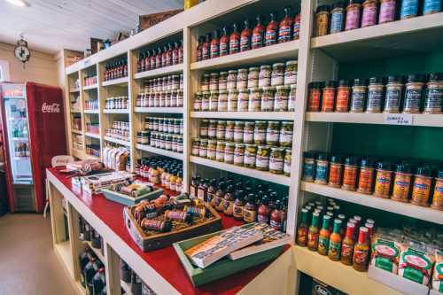 A colorful display of various sauces and condiments on shelves in a quaint store, with a red counter in front.