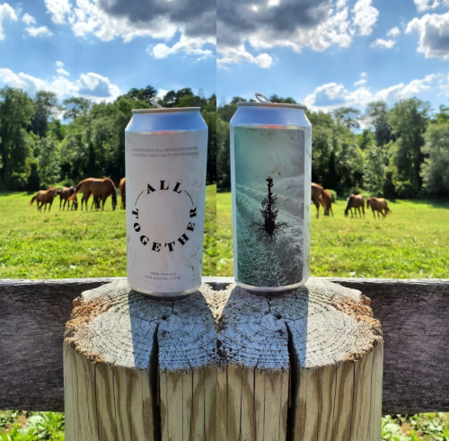 Two beer cans on a wooden post, with a scenic background of green fields and grazing horses.