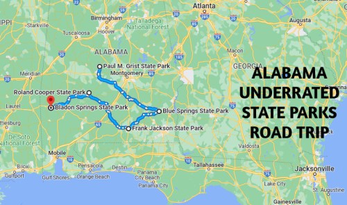 Map of Alabama highlighting an underrated state parks road trip route, including five parks and key locations.