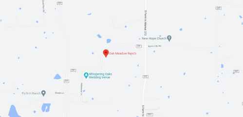 Map showing Oak Meadow Ranch location with nearby roads and landmarks, including New Hope Church and Whispering Oaks Wedding Venue.