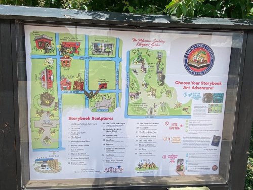 Map of Abilene's Storybook Sculpture Trail, featuring locations and descriptions of various sculptures and attractions.