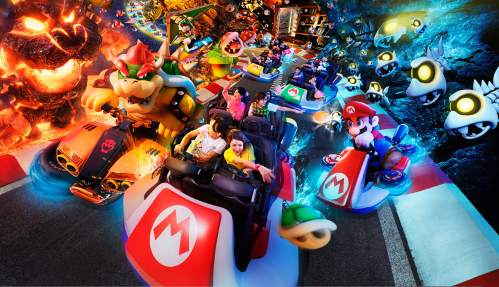A vibrant scene from a Mario-themed amusement ride featuring characters and colorful attractions.