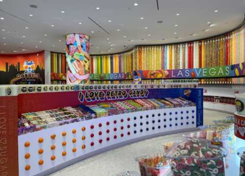 Colorful candy store interior with vibrant displays of retro candy and a variety of sweets in Las Vegas.