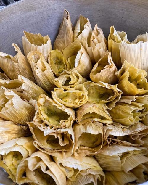 A close-up of tamales wrapped in corn husks, arranged neatly in a large pot.