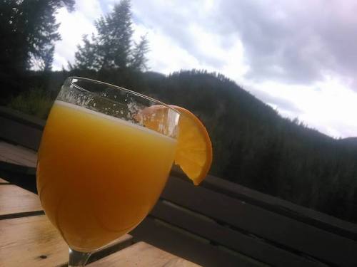 A glass of orange drink with a slice of orange, set against a backdrop of mountains and cloudy skies.