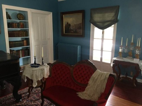 Cozy room with a red velvet sofa, bookshelves, a painting, and candles on a table, featuring blue walls and natural light.