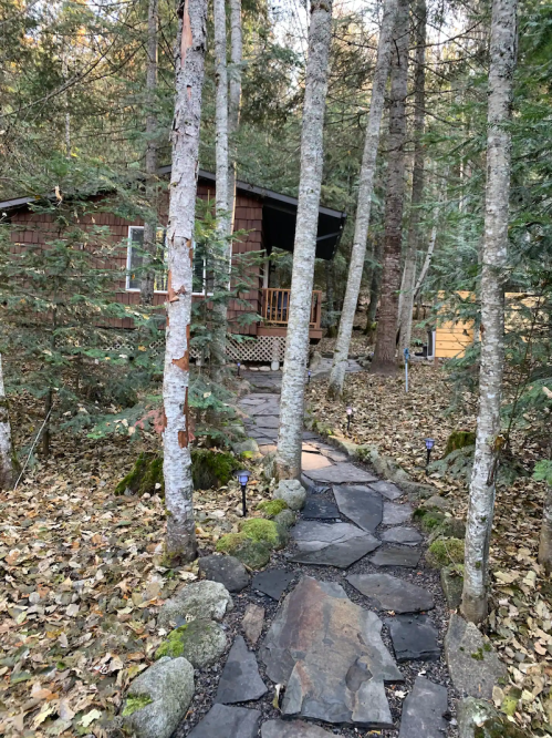 A stone pathway leads through trees to a cozy cabin nestled in a forest with autumn leaves scattered on the ground.