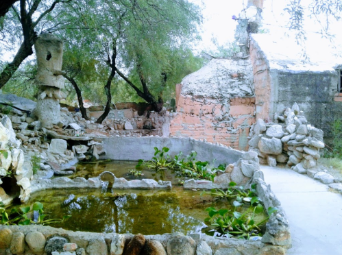 A serene outdoor scene featuring a stone pond surrounded by greenery and remnants of an old structure.