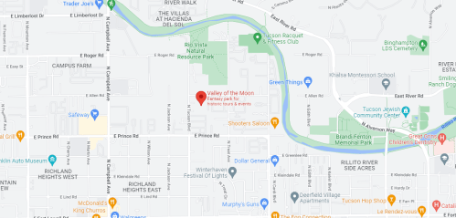 Map showing the location of Valley of the Moon in Tucson, Arizona, near parks and residential areas.