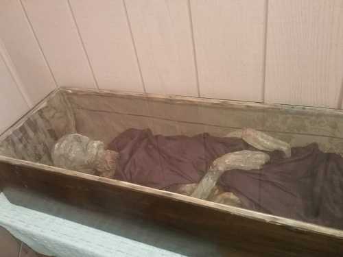 A preserved mummy lying in a glass display case, wrapped in a dark cloth, with a wooden base.