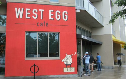 Exterior of West Egg Café with a red wall, large sign, and people waiting outside on a rainy day.