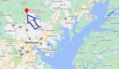 Map showing the location of Beaver Dam Swimming Club, north of Baltimore, with a blue arrow indicating direction.