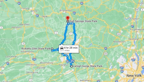Map showing a route from Lehigh Gorge State Park to Salt Springs State Park, with a travel time of 4 hours and 28 minutes.