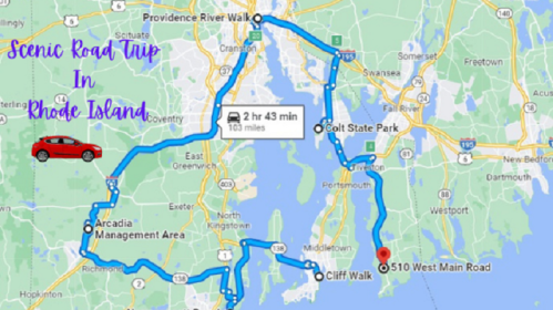 Map of a scenic road trip in Rhode Island, featuring a route of 103 miles with key stops marked.