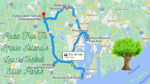 Map showing a road trip route to Rhode Island's least visited state parks, with travel time and key locations marked.