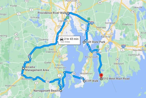 Map showing a 103-mile route through Rhode Island, highlighting locations like Providence River Walk and Narragansett Beach.
