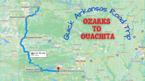 Map showing a road trip route from the Ozarks to Ouachita, highlighting stops like Quigley's Castle and SOZBX Brewery.