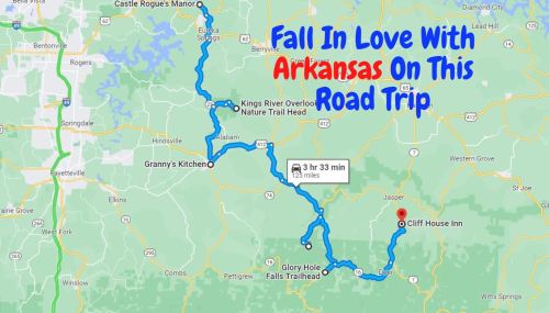 Map highlighting a road trip route in Arkansas, featuring stops like Castle Rogue's Manor and Cliff House Inn.