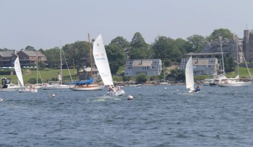 Sailboats on a calm waterway with houses and trees in the background on a sunny day.