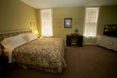 Cozy bedroom with a floral bedspread, desk, TV, and natural light from two windows.