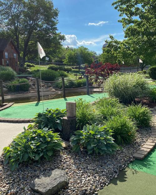 A vibrant mini-golf course with lush greenery, decorative stones, and flags marking the holes under a sunny sky.