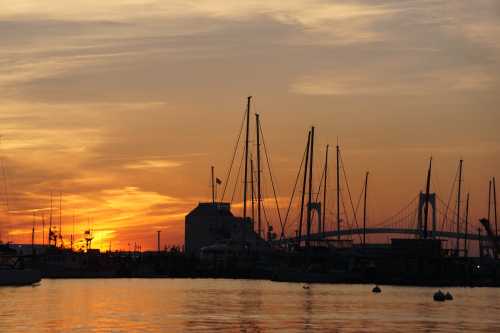 Silhouette of boats and a bridge against a vibrant sunset sky with orange and purple hues.