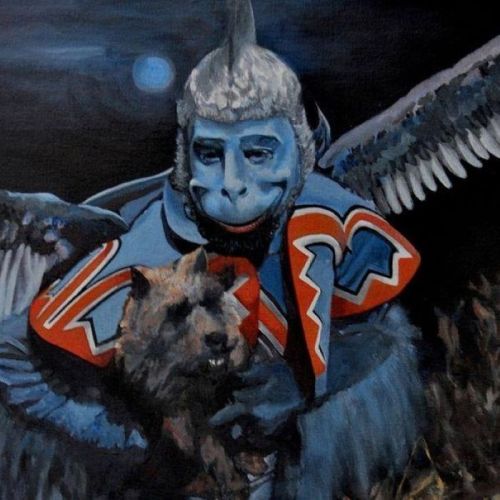 A fantastical creature with a blue face and wings holds a small dog, set against a dark, moonlit background.