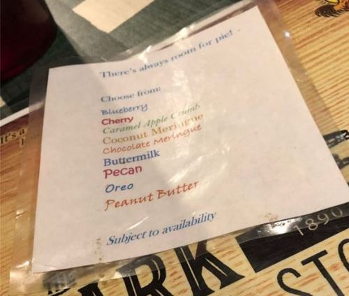 Menu listing various pie flavors: Blueberry, Cherry, Caramel Apple Crumb, Coconut Meringue, Chocolate Meringue, Buttermilk, Pecan, Oreo, Peanut Butter.