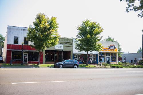 A street view of small shops with trees lining the sidewalk on a sunny day.