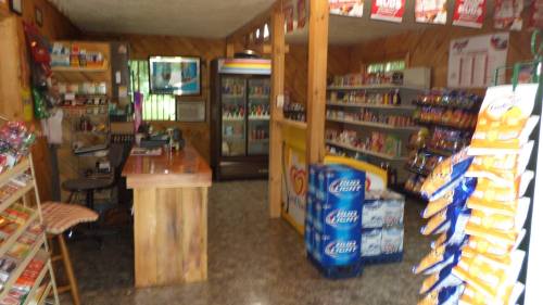 A small convenience store interior with shelves of snacks, drinks, and a wooden counter. Brightly lit and inviting.