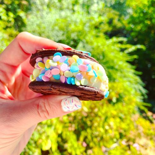 A hand holding a colorful cookie sandwich filled with cream and topped with pastel sprinkles, set against a green background.
