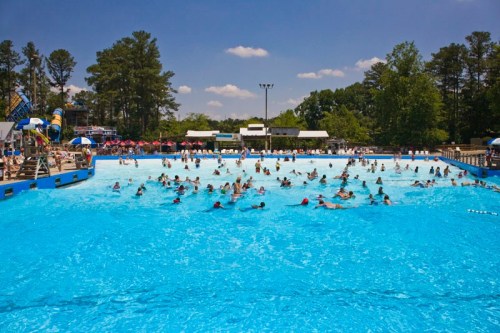 A crowded outdoor pool on a sunny day, with people swimming and lounging under colorful umbrellas.