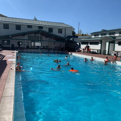 A sunny outdoor pool scene with people swimming and relaxing around the water, surrounded by buildings and trees.