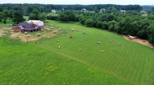 Aerial view of a spacious green field with picnic tables, a building, and trees in the background.