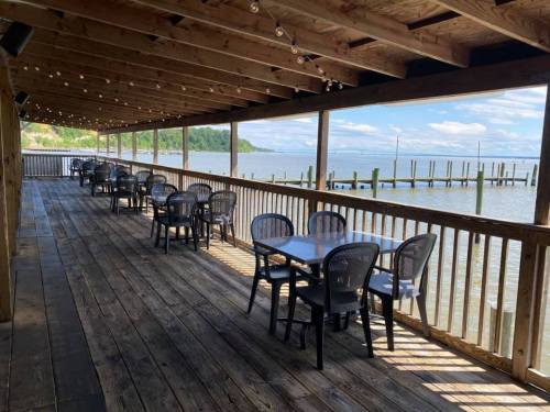 A wooden deck with empty tables overlooking a calm waterfront and a dock under a blue sky with scattered clouds.