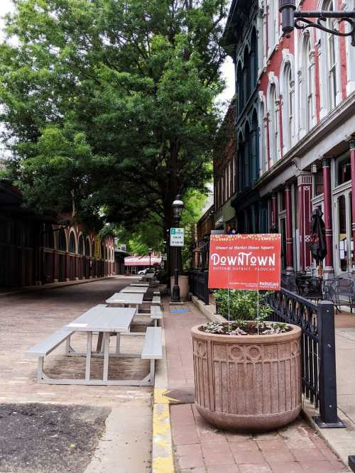 A quiet downtown street with benches, trees, and a sign indicating the area, surrounded by historic buildings.