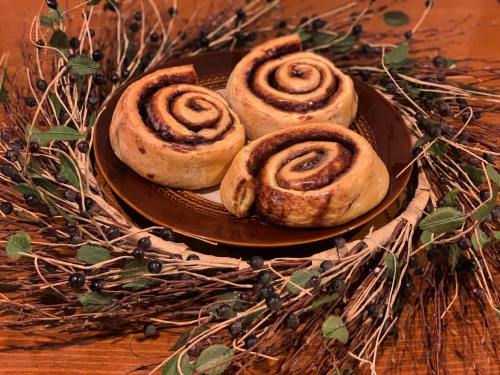 Three cinnamon rolls on a decorative plate, surrounded by a wreath of twigs and green leaves.
