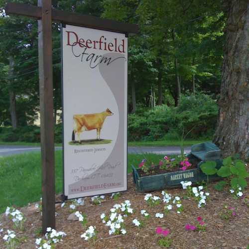 Sign for Deerfield Farm featuring a cow illustration, surrounded by flowers and greenery.