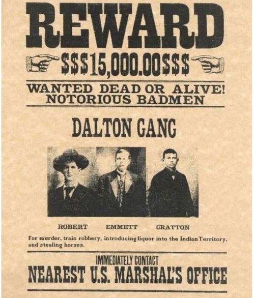 Wanted poster for the Dalton Gang, offering a $15,000 reward for their capture, listing their crimes.
