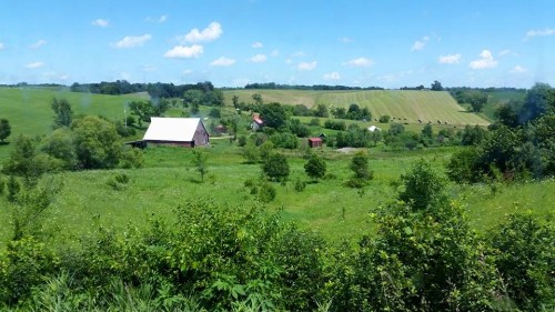A scenic view of a green landscape with a barn, trees, and fields under a clear blue sky with fluffy clouds.