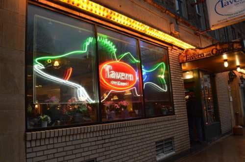 Neon sign of a fish with "Tavern on Grand" illuminated in bright colors, displayed in a restaurant window.